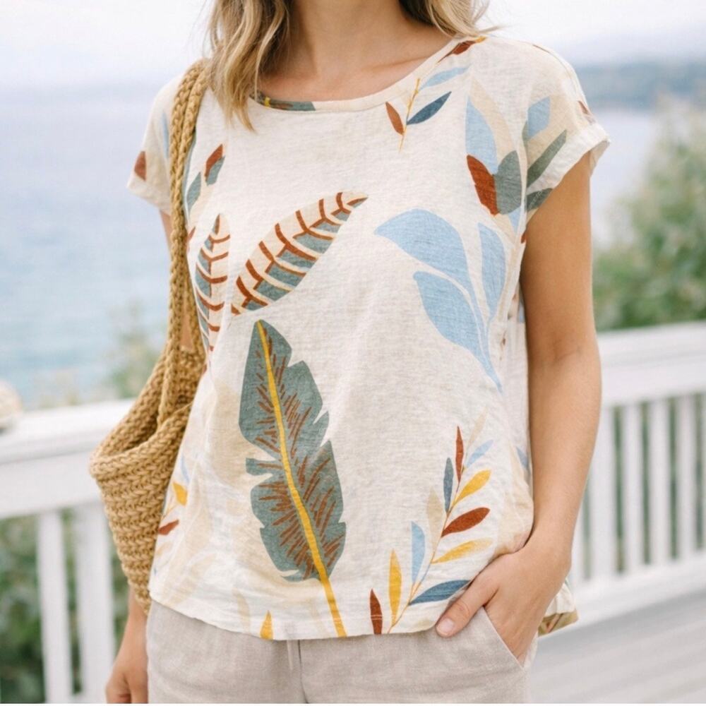 Cynthia Rowley 100% Linen Tropical Floral Top 2X Beach Resort Boho Lightweight